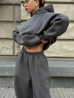 Solid-Color Oversized Hooded Sweatshirt Set