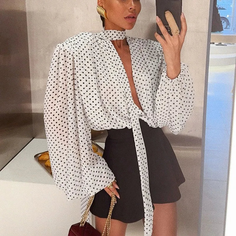Ilianna - Polka Dot Chiffon Tie-Neck Blouse