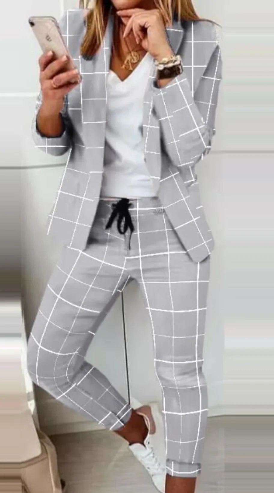 English Plaid Print Blazer Jacket +Matching Ankle Length Pants Women's Suit