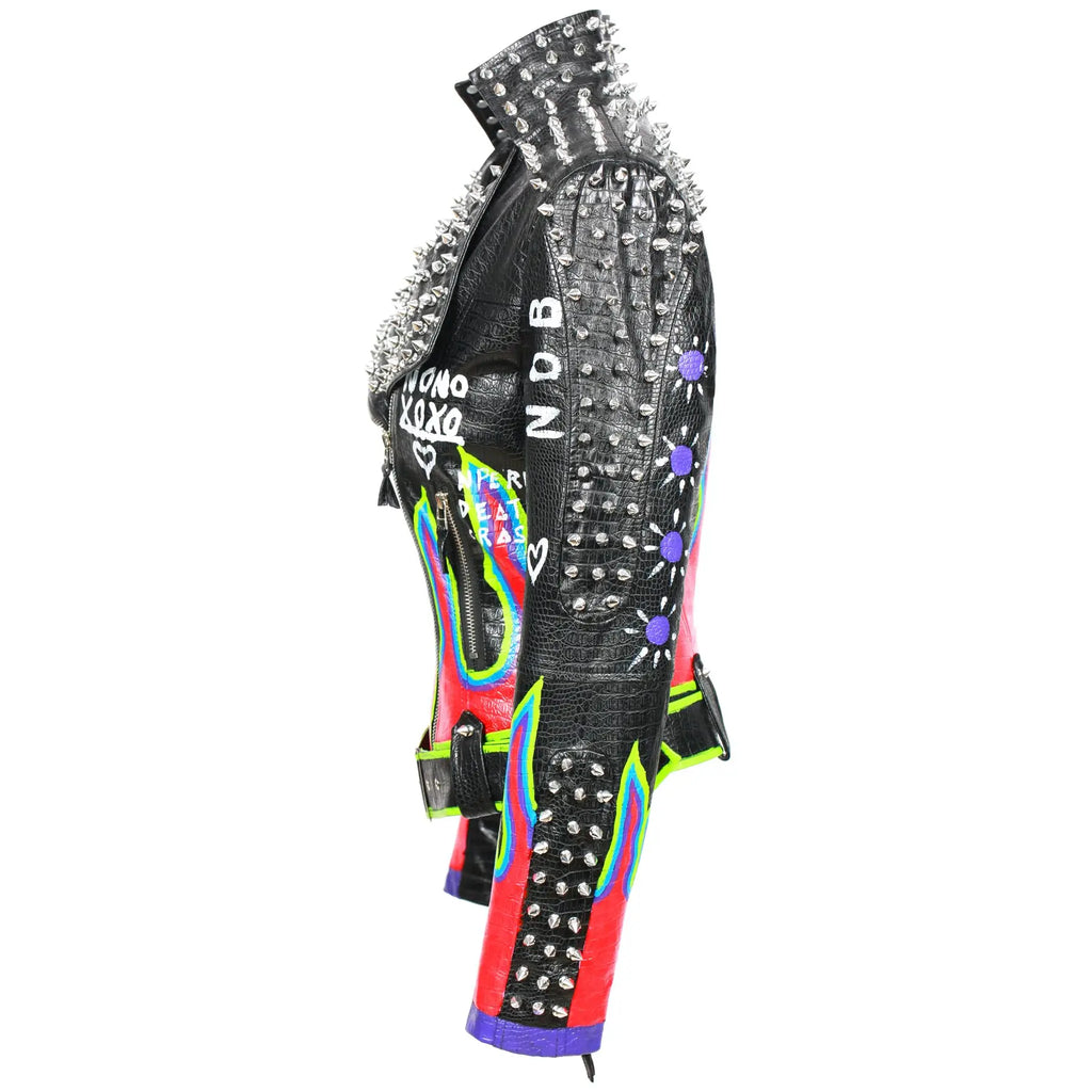 Rivet Spiked Stud Fire Flame Design Women's PU Leather Punk Biker Jacket