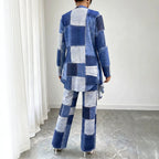Colorblock Checker Print Women's Blazer Jacket w/ Matching Sleeveless Top + Pants 3-Piece Suit
