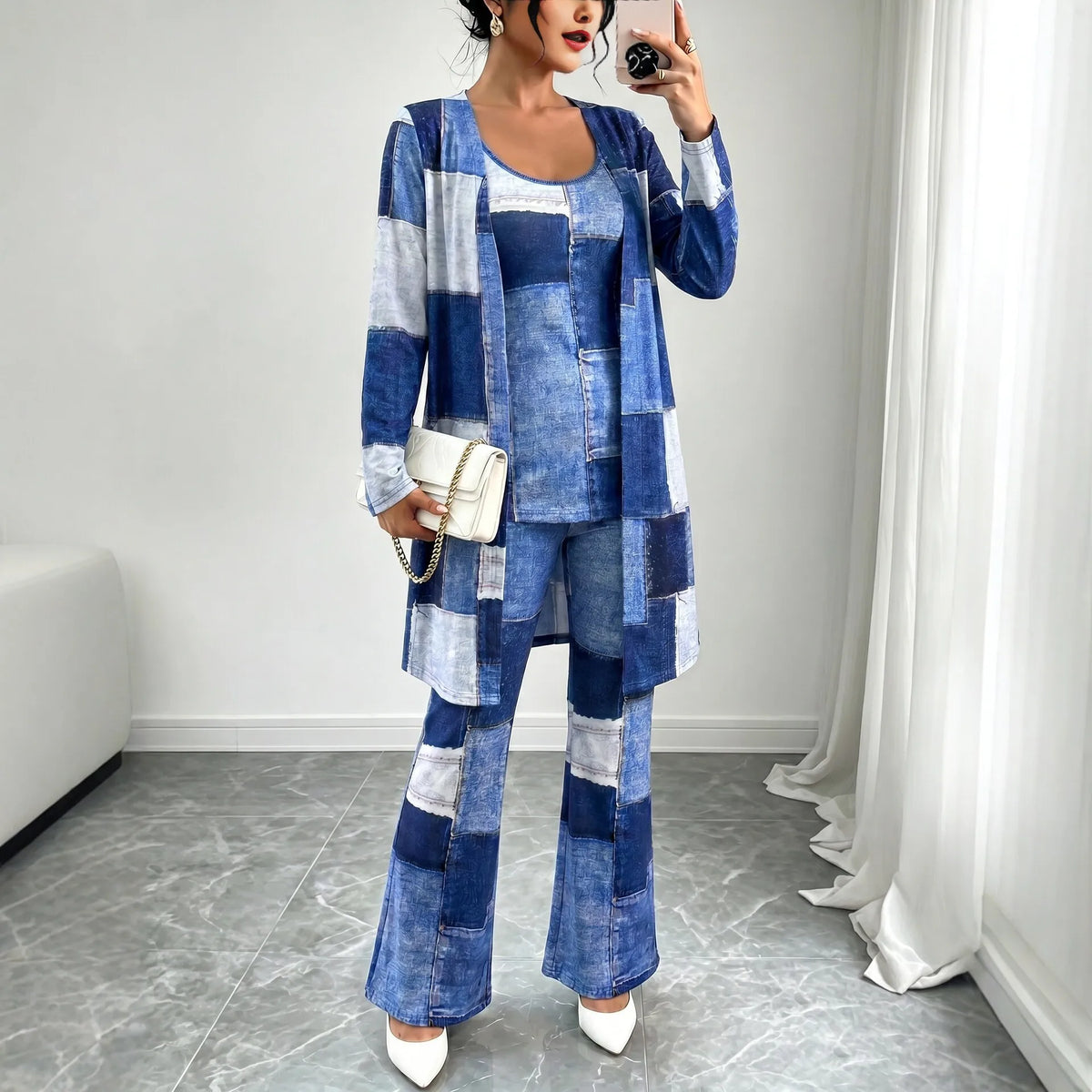 Colorblock Checker Print Women's Blazer Jacket w/ Matching Sleeveless Top + Pants 3-Piece Suit