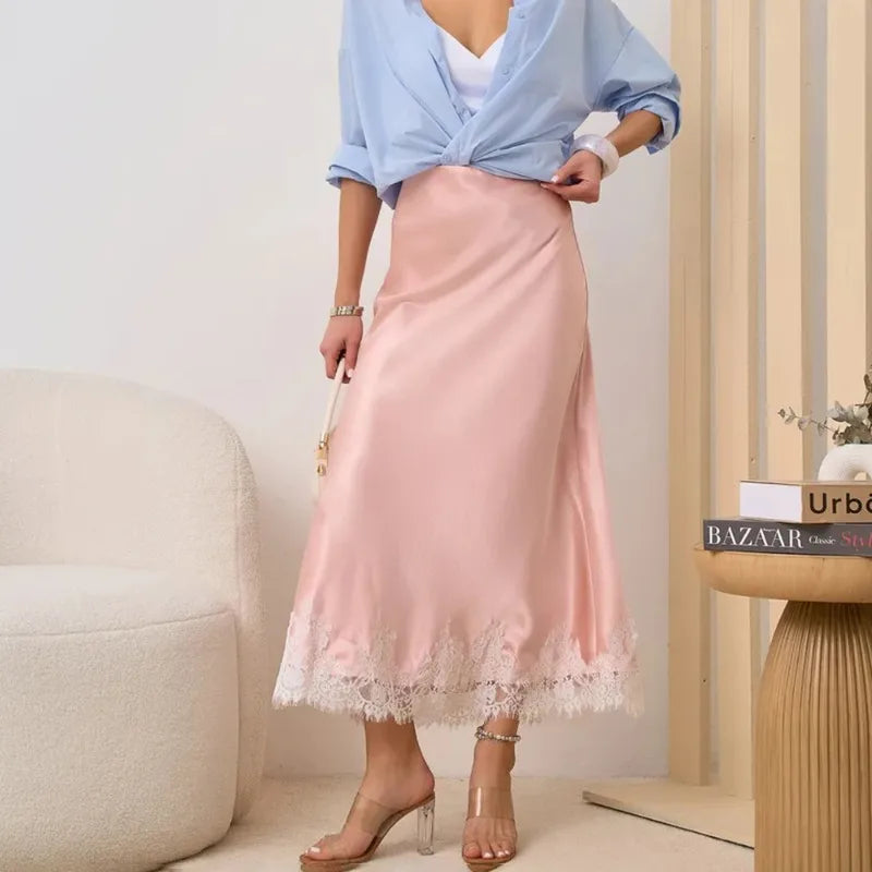 Solara - Satin Maxi Skirt with Lace Hem