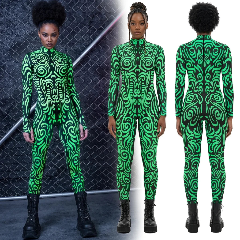 Designer Geometric Striped Print Skin Tight Long Sleeve Women's Stage Performance Jumpsuits