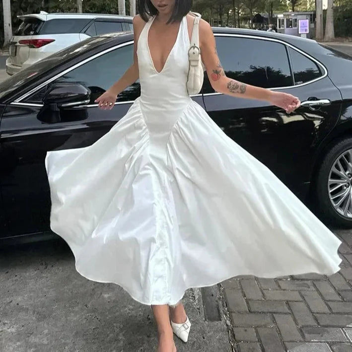 Liora - White Halter A-Line Midi Dress