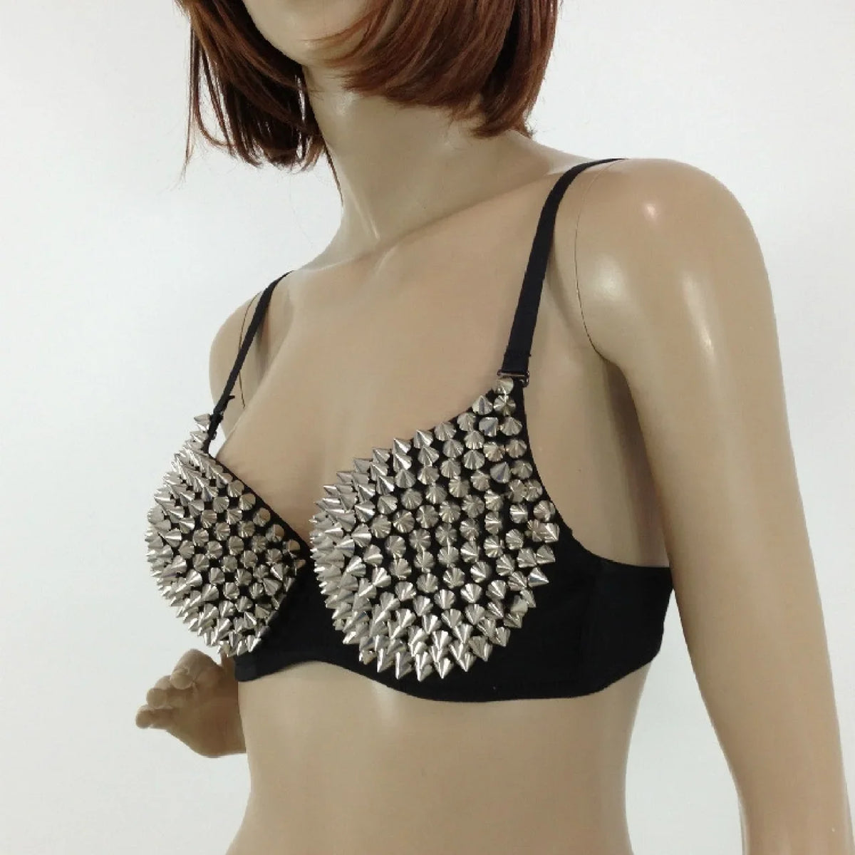 Black Leather Silver Spiked Stud Steampunk Bra