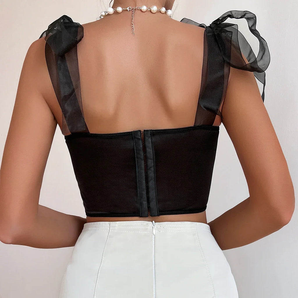 Adhara - Black Mesh Corset Crop Top