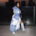 Denim Colorblock Checker Print Longline Padded Double Breasted Belted Streetwear Women's Trenchcoat