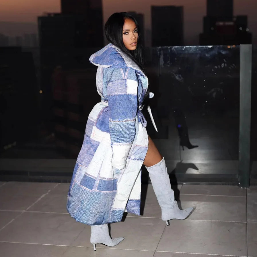 Denim Colorblock Checker Print Longline Padded Double Breasted Belted Streetwear Women's Trenchcoat
