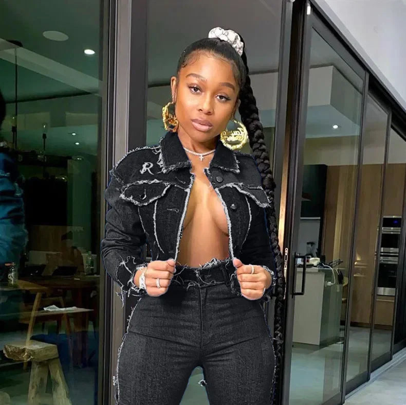 Denim Ripped Fringe Streetwear Long Sleeve Button Front Patchwork Jean Jacket