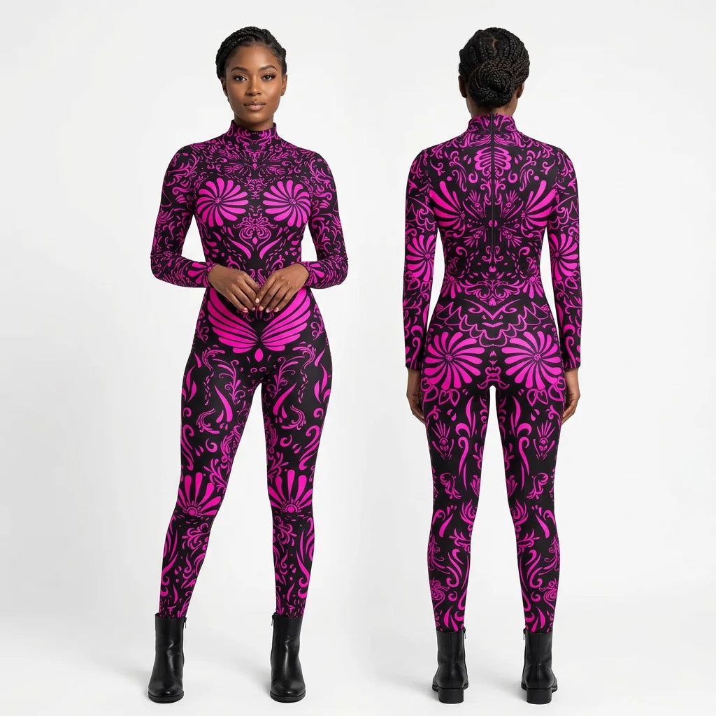 Designer Geometric Striped Print Skin Tight Long Sleeve Women's Stage Performance Jumpsuits