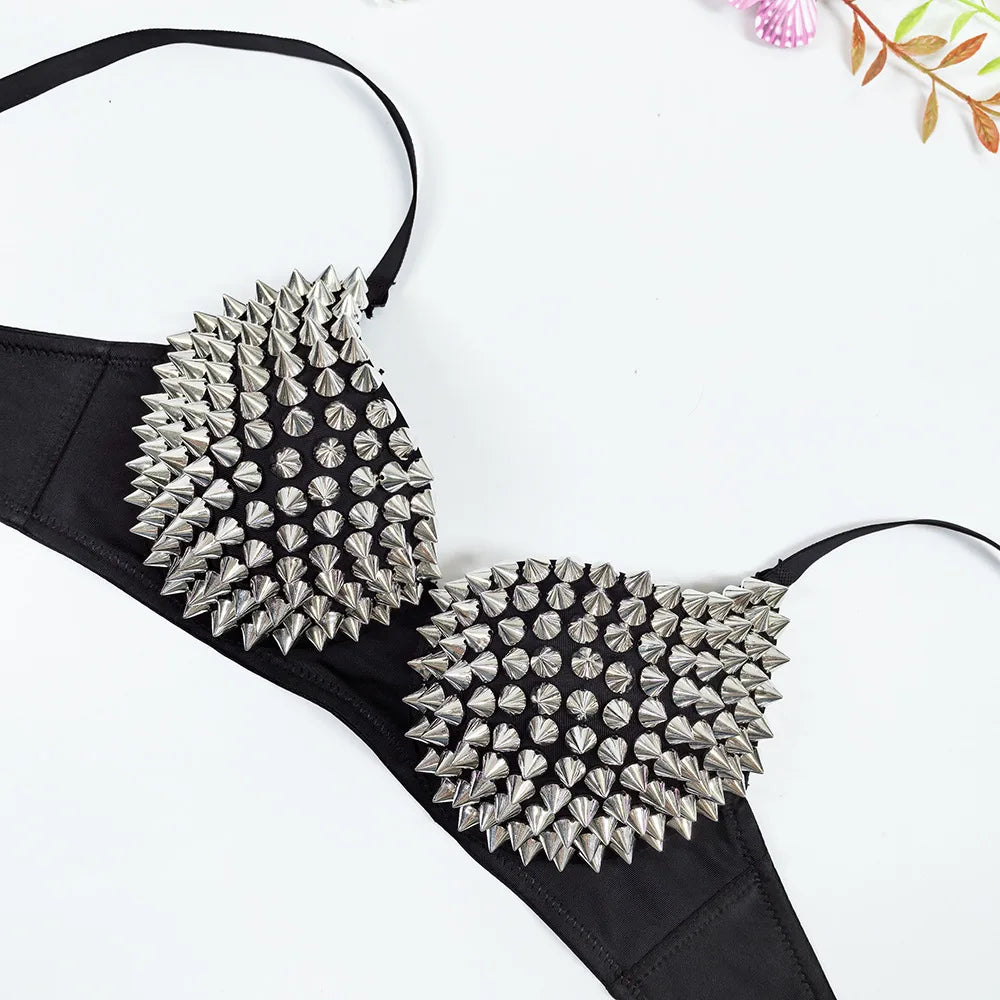 Black Leather Silver Spiked Stud Steampunk Bra