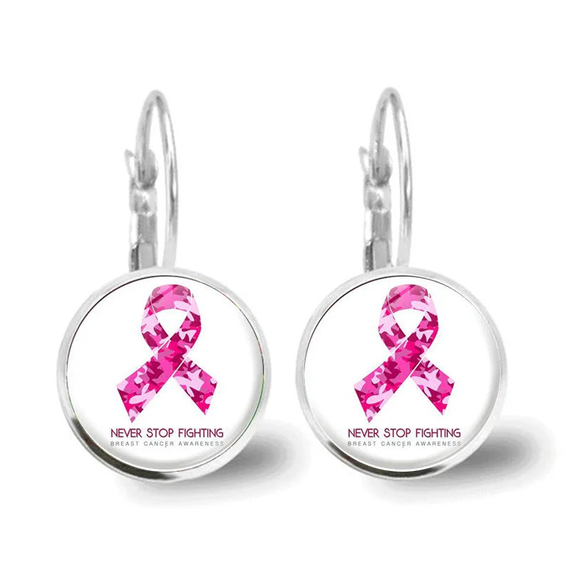 Glass Breast Cancer Awareness Ribbon Pendant Alloy Drop Earrings