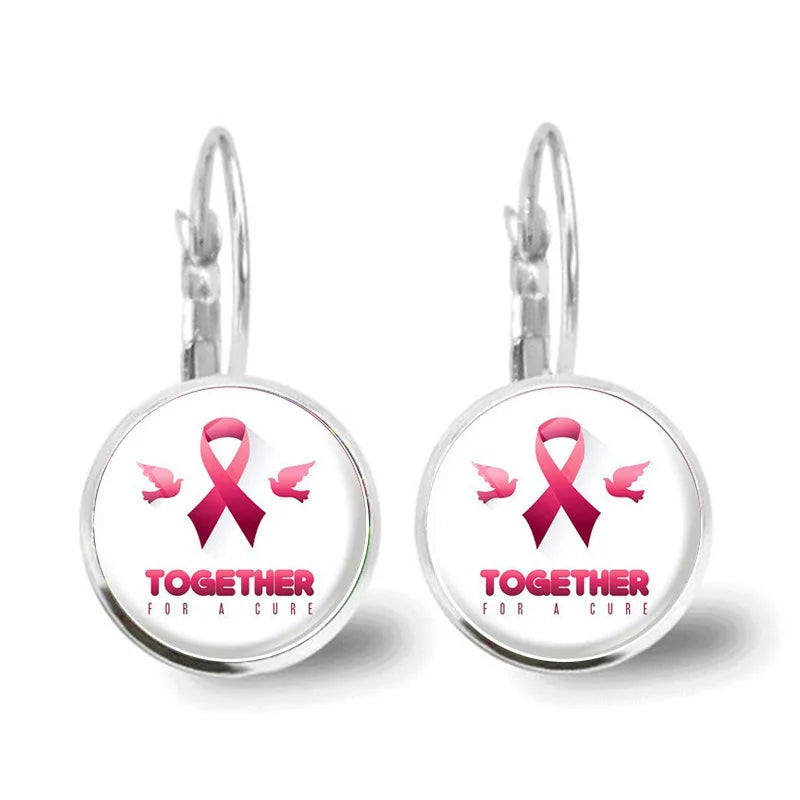 Glass Breast Cancer Awareness Ribbon Pendant Alloy Drop Earrings