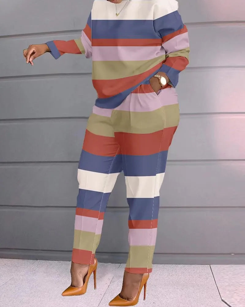 Geometric/Striped/Colorblock/Leopard Long Sleeve Women's Top + Matching Pants 2-Piece Set