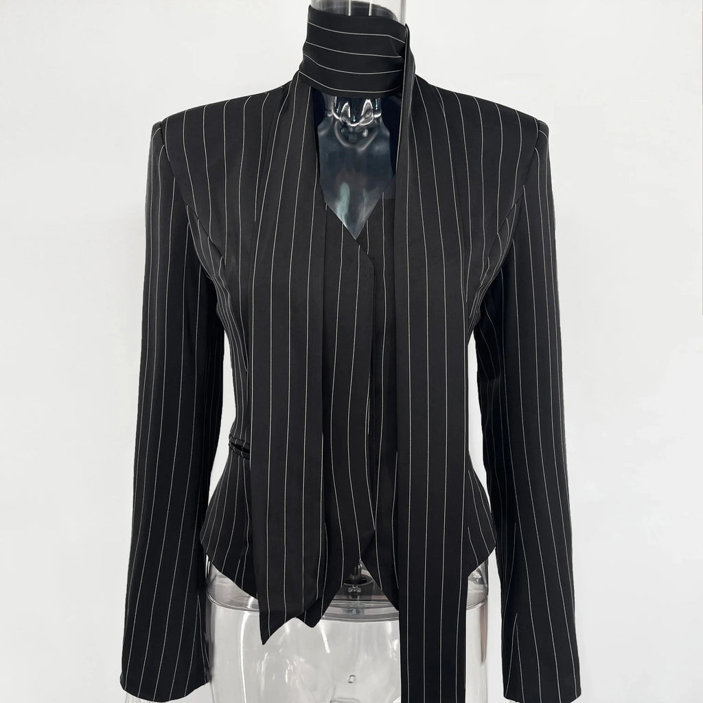 Janelle - Pinstripe Tie-Neck Blazer Top