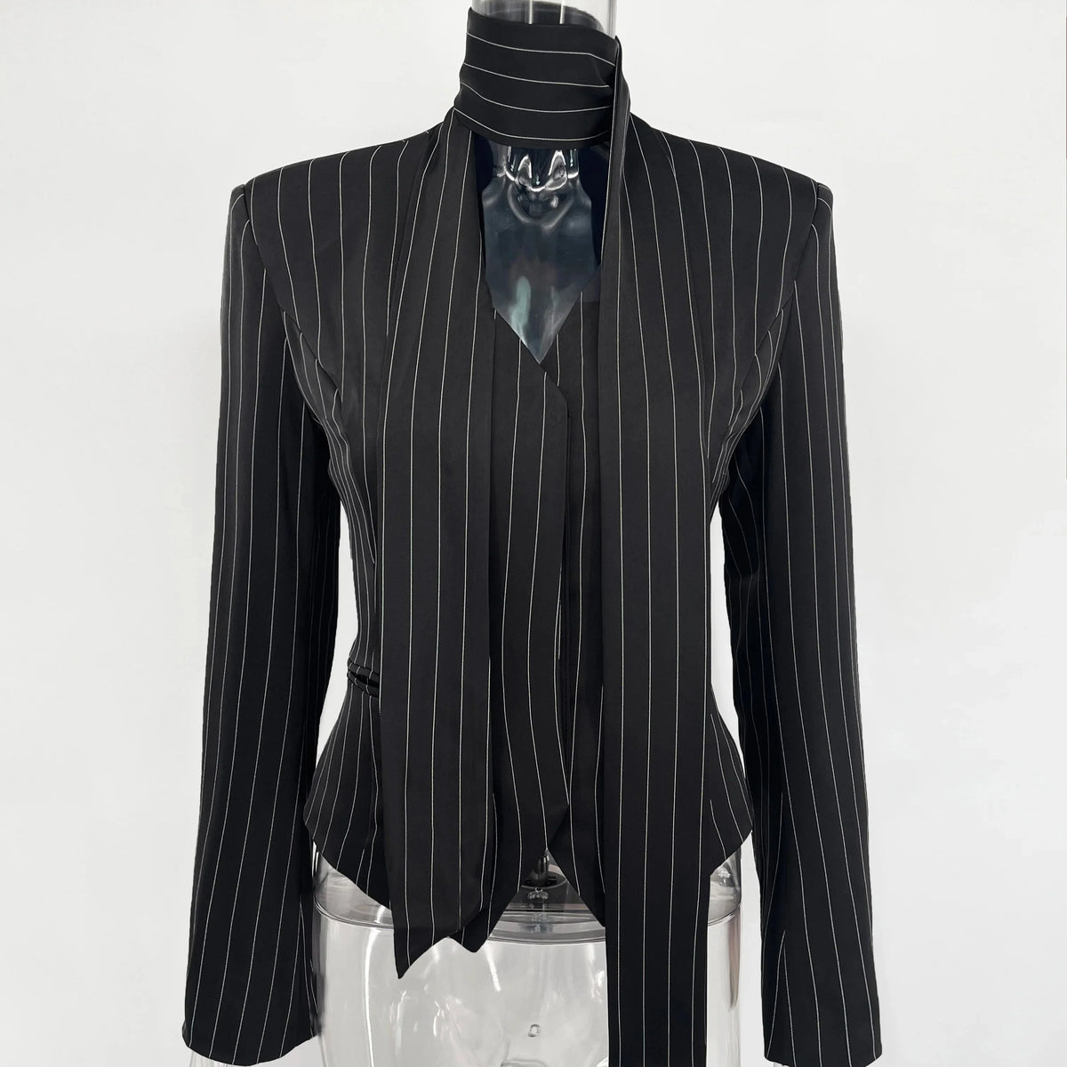 Janelle - Pinstripe Tie-Neck Blazer Top
