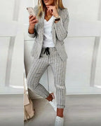 English Plaid Print Blazer Jacket +Matching Ankle Length Pants Women's Suit