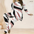 Tie-Dye/Floral/Geometric Striped Stripe Print O-Neck Long Sleeve Women's Longline Top + Fitted Long Pants 2-Piece Set
