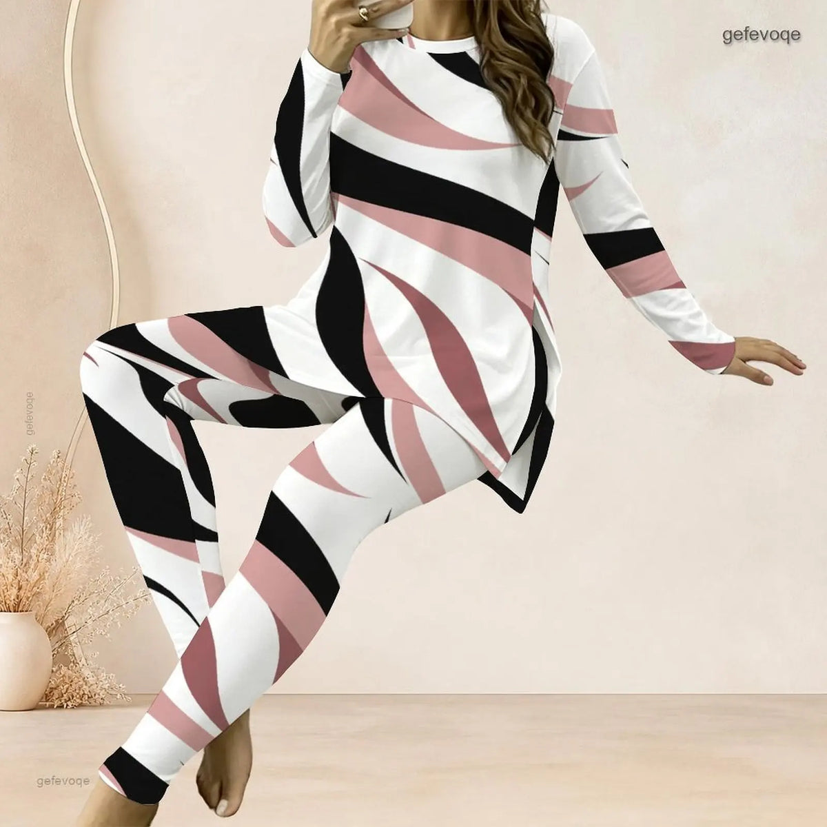 Tie-Dye/Floral/Geometric Striped Stripe Print O-Neck Long Sleeve Women's Longline Top + Fitted Long Pants 2-Piece Set