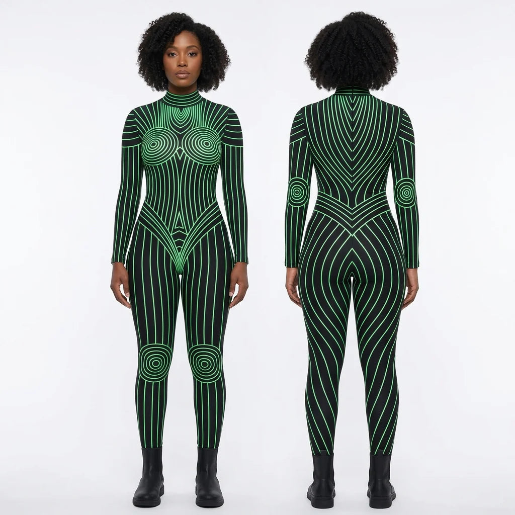 Designer Geometric Striped Print Skin Tight Long Sleeve Women's Stage Performance Jumpsuits