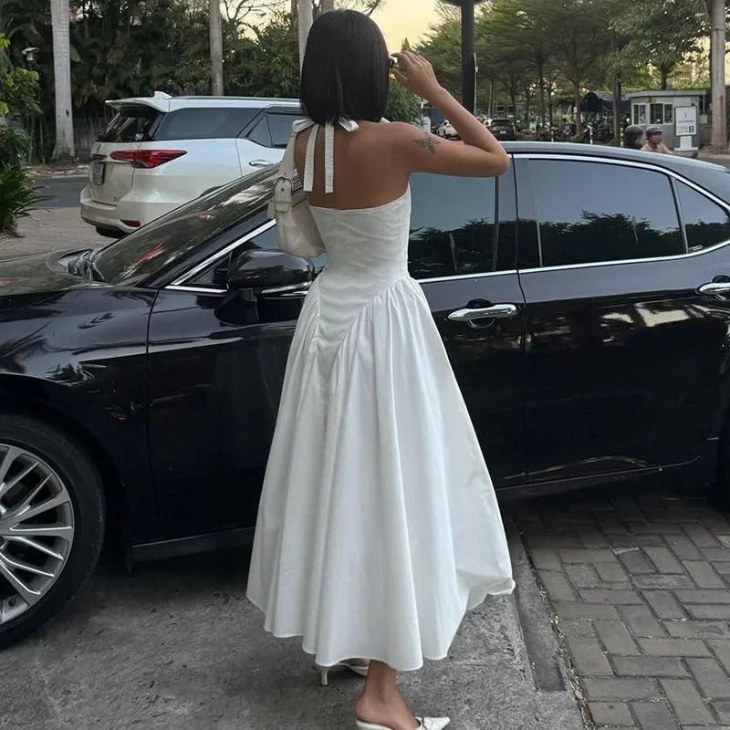 Liora - White Halter A-Line Midi Dress