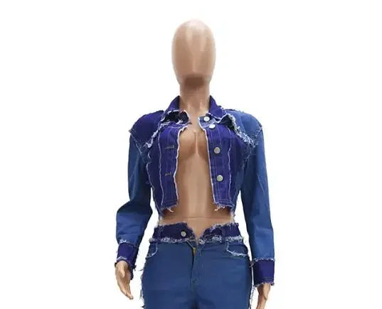Denim Ripped Fringe Streetwear Long Sleeve Button Front Patchwork Jean Jacket