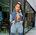 Denim Ripped Fringe Streetwear Long Sleeve Button Front Patchwork Jean Jacket