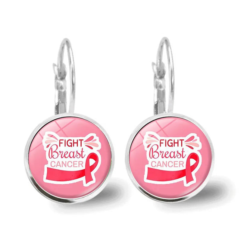 Glass Breast Cancer Awareness Ribbon Pendant Alloy Drop Earrings