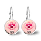 Glass Breast Cancer Awareness Ribbon Pendant Alloy Drop Earrings