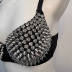 Black Leather Silver Spiked Stud Steampunk Bra