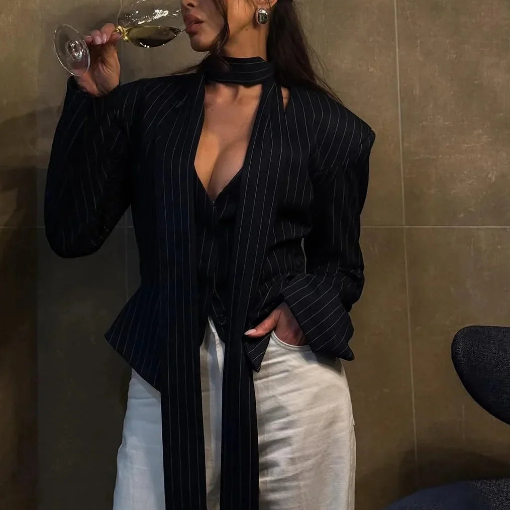 Janelle - Pinstripe Tie-Neck Blazer Top
