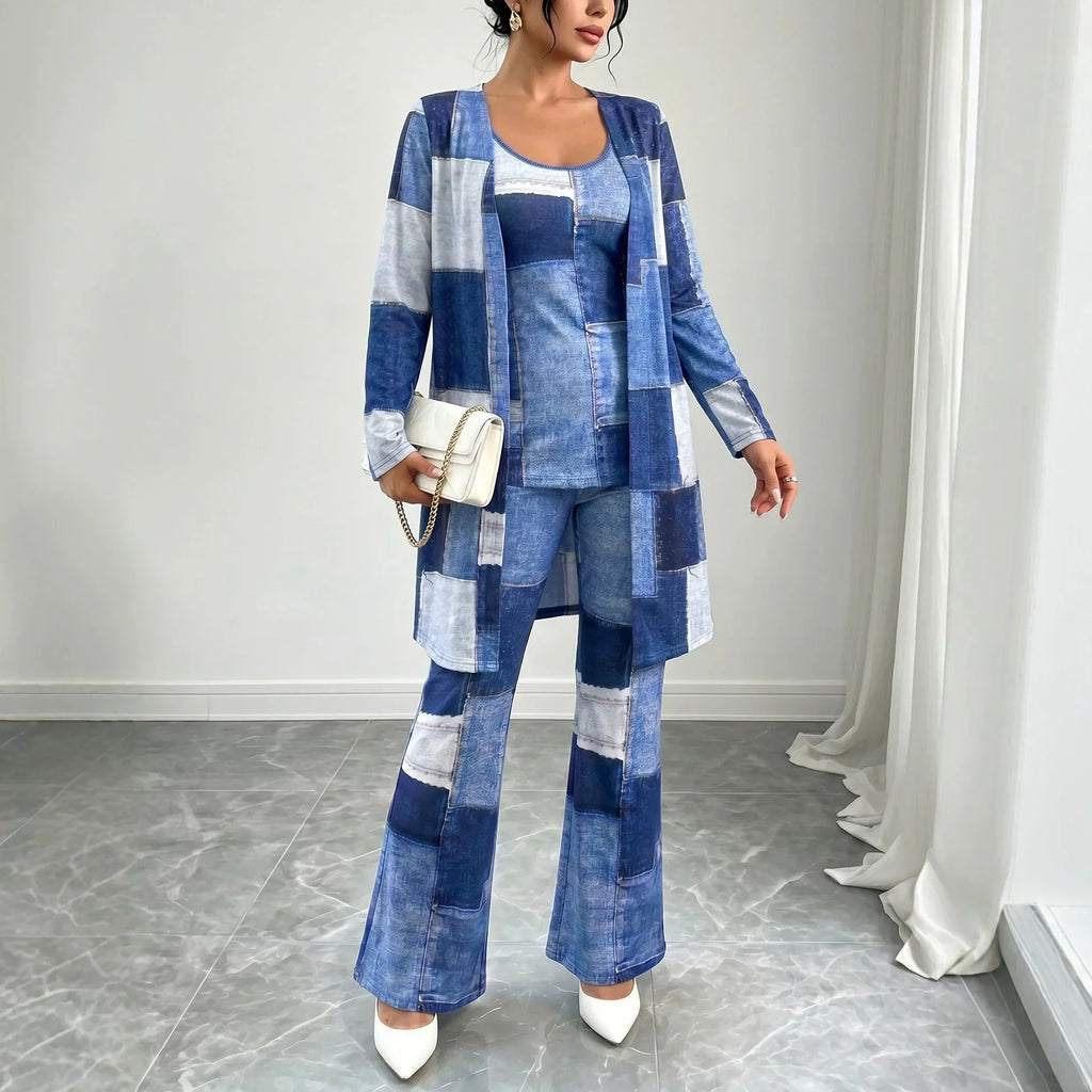 Colorblock Checker Print Women's Blazer Jacket w/ Matching Sleeveless Top + Pants 3-Piece Suit