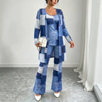 Colorblock Checker Print Women's Blazer Jacket w/ Matching Sleeveless Top + Pants 3-Piece Suit