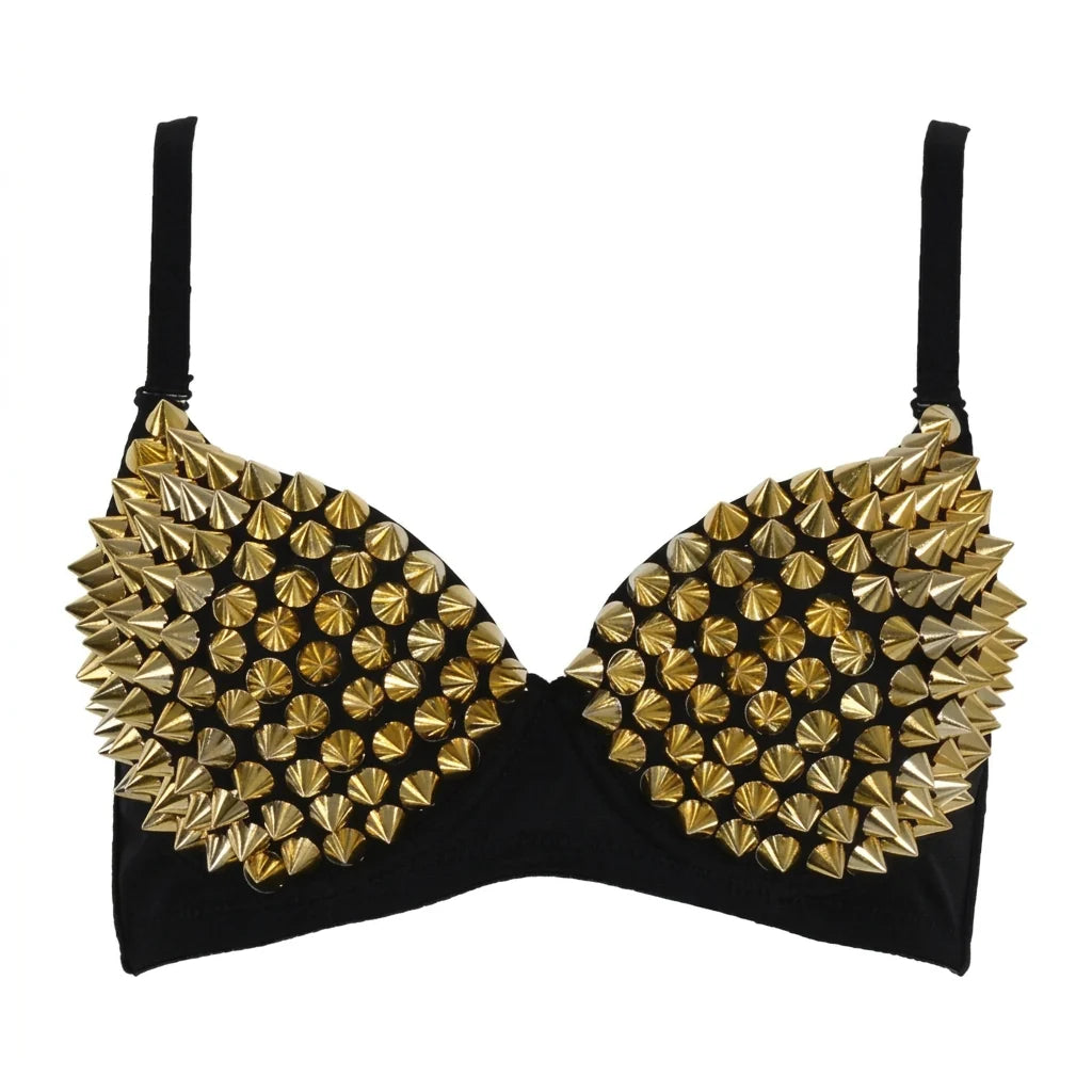 Black/Gold PU Leather Spiked Rivet Stud Steampunk Bra