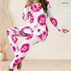 Tie-Dye/Floral/Geometric Striped Stripe Print O-Neck Long Sleeve Women's Longline Top + Fitted Long Pants 2-Piece Set