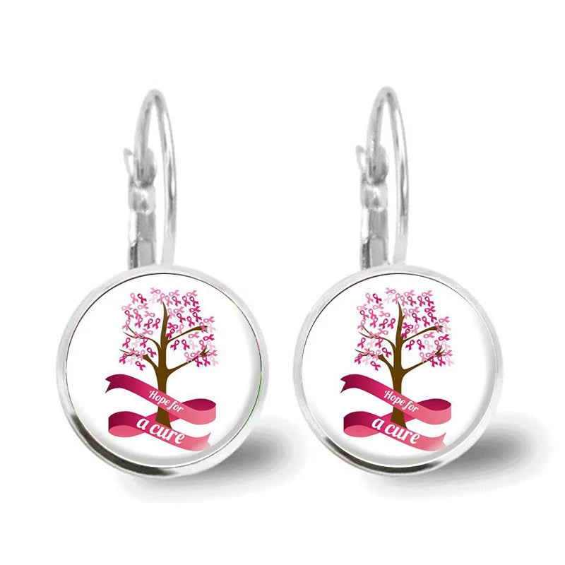 Glass Breast Cancer Awareness Ribbon Pendant Alloy Drop Earrings
