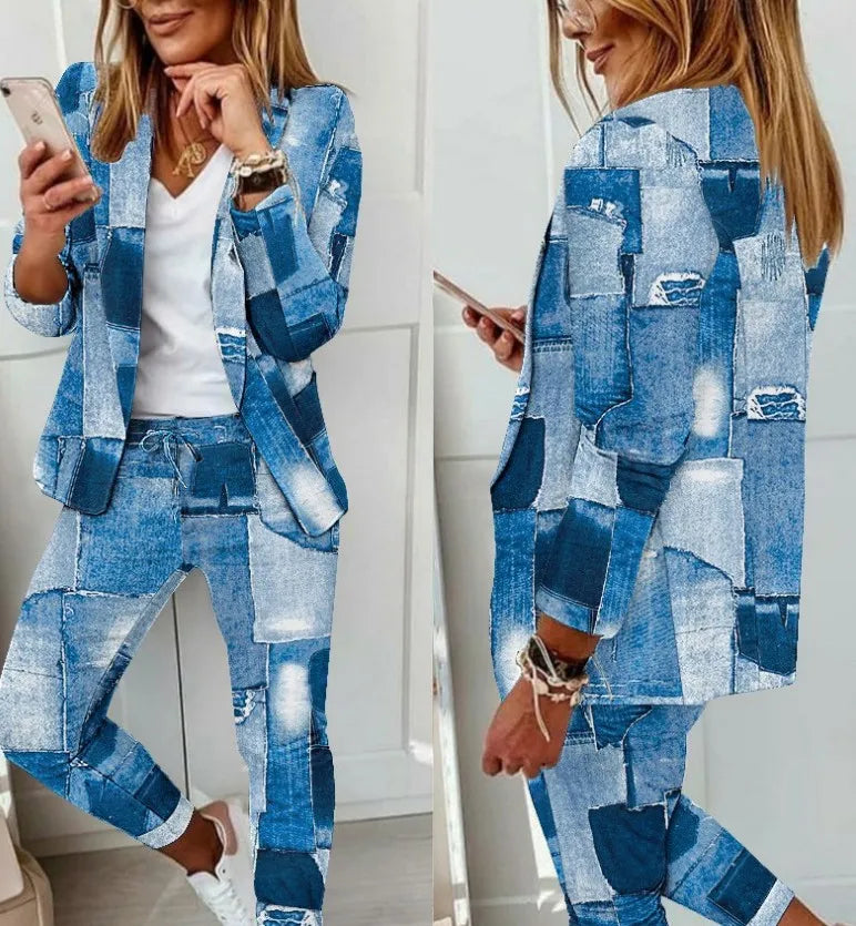 English Plaid Print Blazer Jacket +Matching Ankle Length Pants Women's Suit