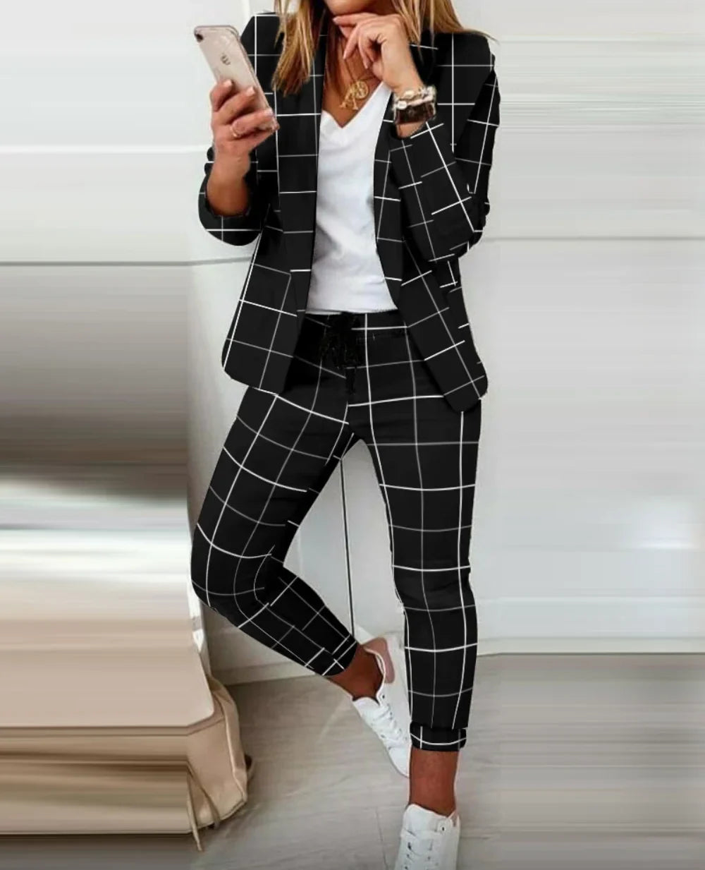 English Plaid Print Blazer Jacket +Matching Ankle Length Pants Women's Suit