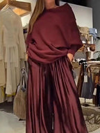 Satin Sleeveless Patchwork Long Sleeve Loose Women's Slash Neck Blouse Top + Wide Leg Pants 2-Piece Set