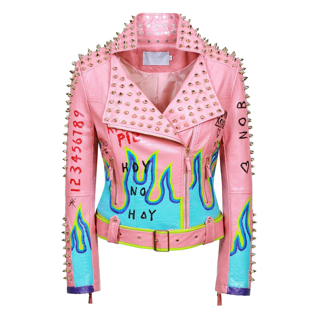 Rivet Spiked Stud Fire Flame Design Women's PU Leather Punk Biker Jacket
