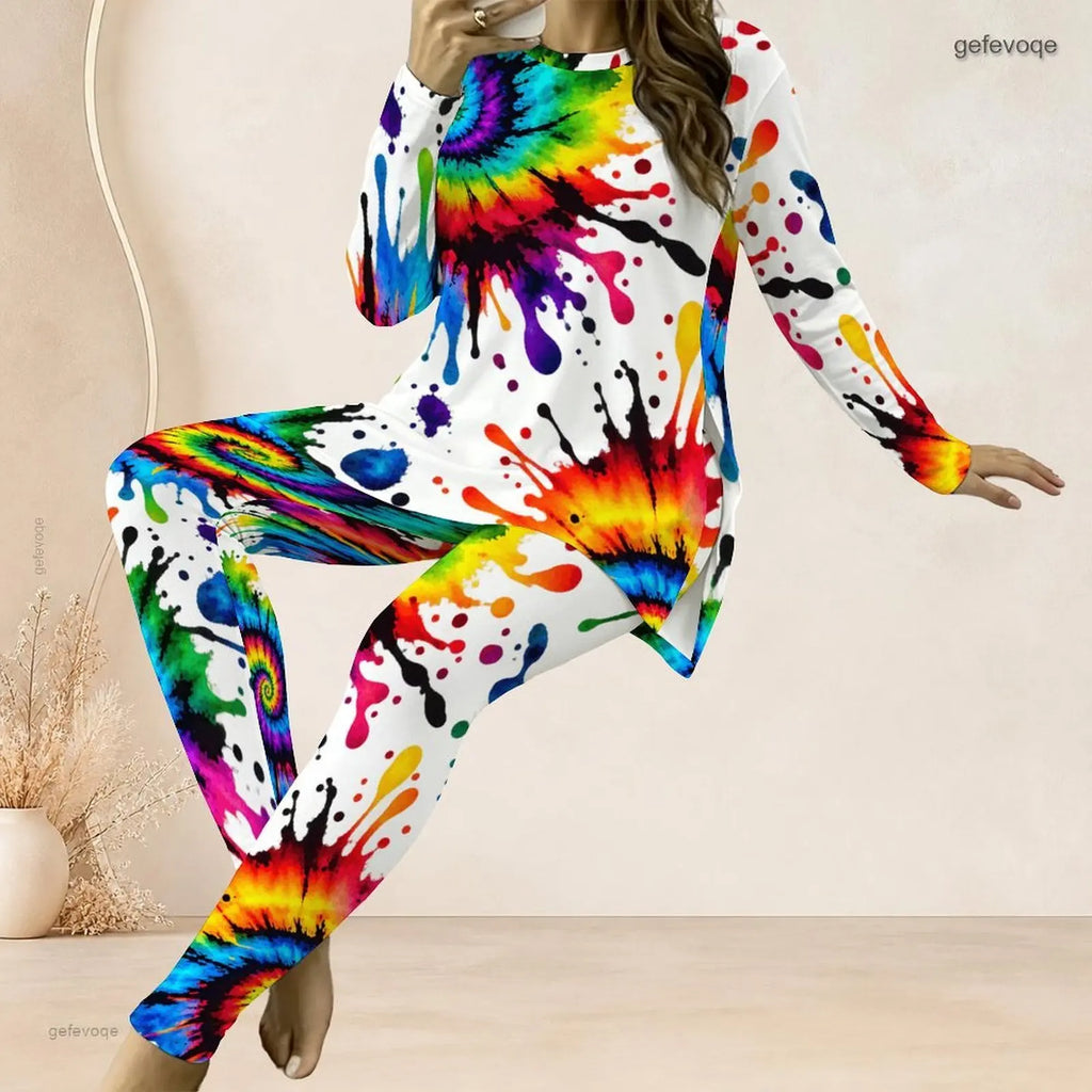 Tie-Dye/Floral/Geometric Striped Stripe Print O-Neck Long Sleeve Women's Longline Top + Fitted Long Pants 2-Piece Set