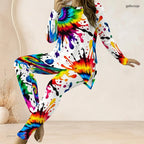 Tie-Dye/Floral/Geometric Striped Stripe Print O-Neck Long Sleeve Women's Longline Top + Fitted Long Pants 2-Piece Set