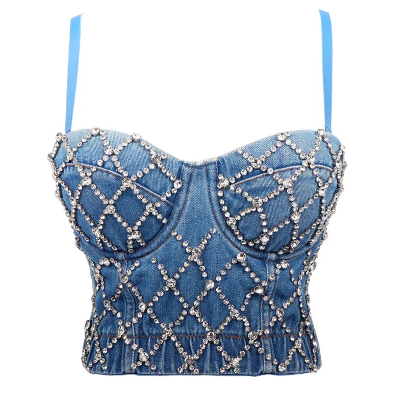 Denim Rhinestone/Diamond Tassel Fringe/Metallic Geometric/Floral Embellished Women's Hip-Hop Streetwear Bustier Corset Tops