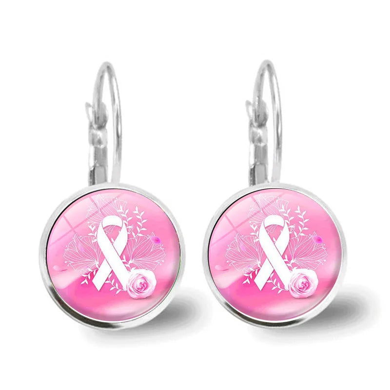 Glass Breast Cancer Awareness Ribbon Pendant Alloy Drop Earrings
