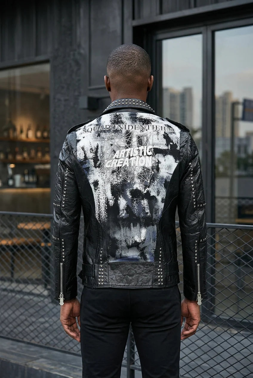 Men's Black Punk Hip-Hop 100% Cowhide Real Leather Rivet Back Airbrush Design Biker Jacket