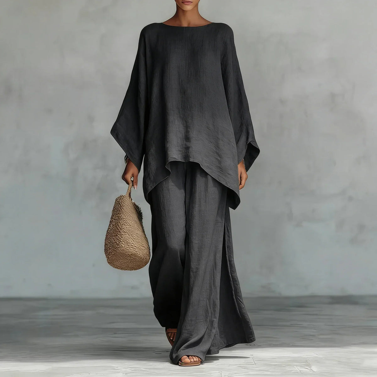 Aaliyah | Long-Sleeve Cotton-Linen Set with Wide Pants