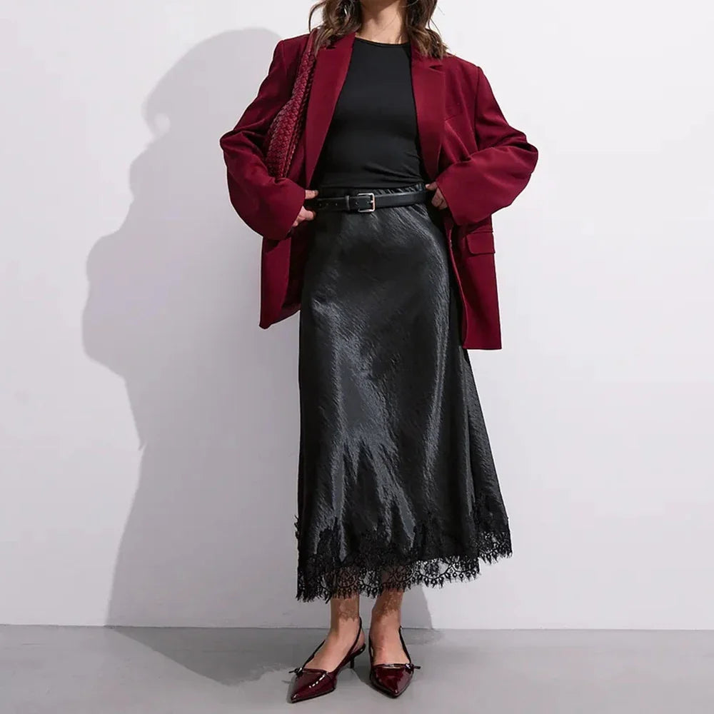 Solara - Satin Maxi Skirt with Lace Hem
