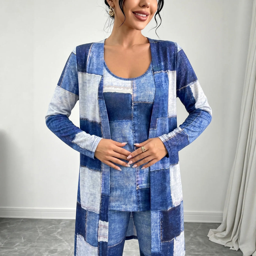 Colorblock Checker Print Women's Blazer Jacket w/ Matching Sleeveless Top + Pants 3-Piece Suit