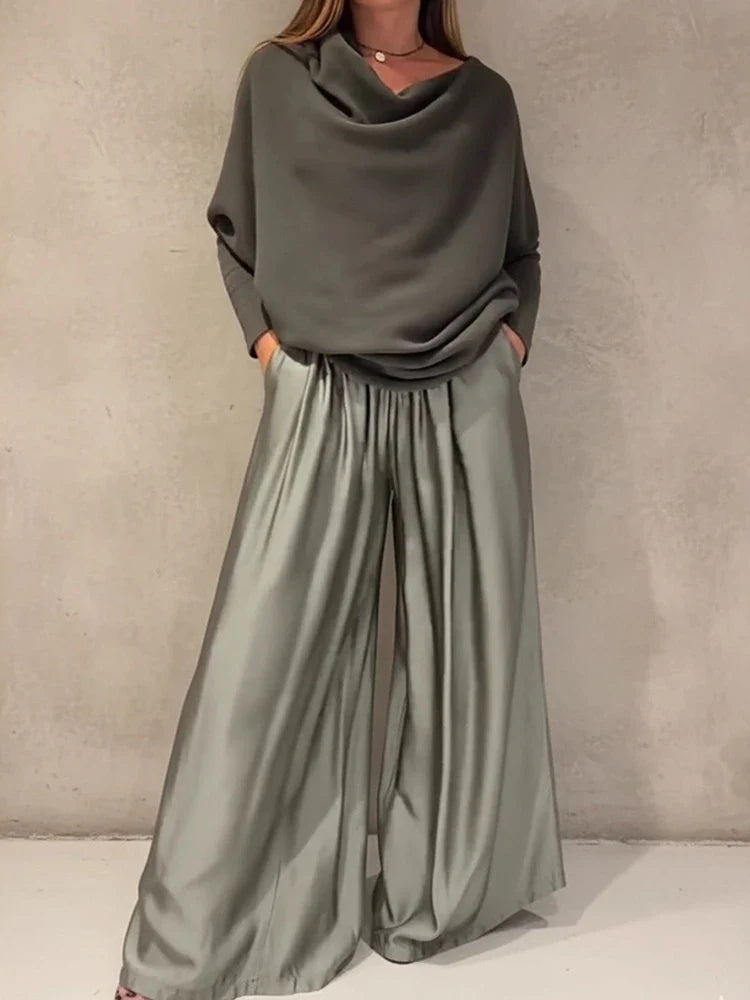 Satin Sleeveless Patchwork Long Sleeve Loose Women's Slash Neck Blouse Top + Wide Leg Pants 2-Piece Set